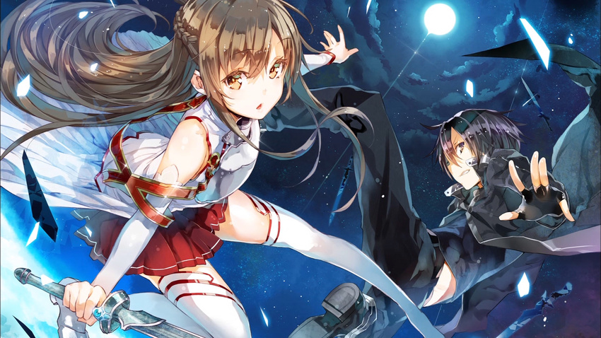 1girl :o \||/ armor asuna_(sao) black_hair breastplate brown_eyes brown_hair detached_sleeves end_card fingerless_gloves full_moon gloves grin half_updo highres kirito long_hair long_legs moon moonlight night night_sky official_art outstretched_arm outstretched_hand pants pleated_skirt shiny shiny_hair short_hair skirt sky smile star_(sky) starry_sky sword_art_online thighhighs white_legwear yuugen zettai_ryouiki