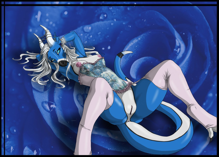 anthro anus basque blue_theme breasts clothed clothing corset dragon female garter_straps gem hair horn keziah_(character) legwear lingerie looking_at_viewer lying nipples nude on_back pinup pose presenting pussy scalie shikoku-una skimpy solo spread_legs spreading stockings thigh_highs white_hair