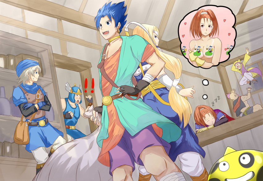 2girls 5boys amos armor back-to-back bad_id bad_pixiv_id bag bandana barbara blonde_hair blue_eyes blue_hair bookshelf bracelet brown_hair buchi_slime cape censored chamoro circlet closed_eyes crossed_arms dragon_quest dragon_quest_vi dreaming dress earrings fingerless_gloves gloves hand_on_hip haroharo hassan_(dq6) hat heart helmet hero_(dq6) high_ponytail jewelry jumping long_hair low-tied_long_hair mireyu mohawk multiple_boys multiple_girls novelty_censor nude pink_hair short_ponytail silver_hair sleeping slime_(dragon_quest) slime_knight spiked_hair sweatdrop tan tanline terry very_long_hair vest winged_helmet