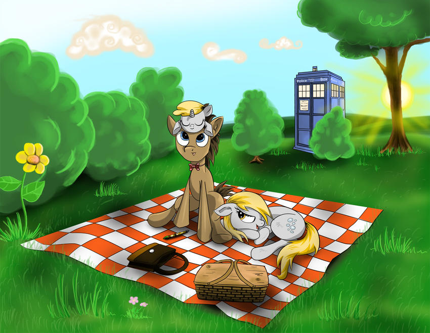 amber_eyes bag basket blonde_hair blue_eyes bow brown_hair cloth cloud clouds cub cutie_mark derpy_hooves_(mlp) dinky_hooves_(mlp) doctor_whoof_(mlp) doctor_whooves_(mlp) equine eyes_closed female feral flower friendship_is_magic grass hair hereticofdune horn horse male mammal my_little_pony open_mouth phone_booth picnic pony sitting sun tree unicorn wood young