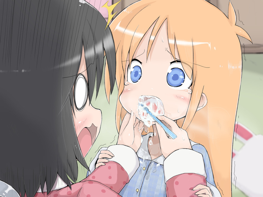 black_hair blue_eyes brushing_teeth child drooling hakase_(nichijou) highres matuken1027 nichijou open_mouth orange_hair pajamas professor_shinonome saliva sexually_suggestive shinonome_nano surprised tears toothbrush