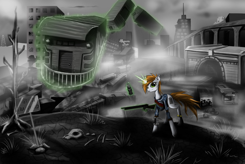 ammunition bone bottle brown_hair building cutie_mark detailed_background equine female grass green_eyes gun hair hereticofdune hi_res horn horse lil_pip magic mammal my_little_pony original_character pony post_apocalyptic ranged_weapon shotgun sign skeleton skull solo train tree unicorn weapon wood