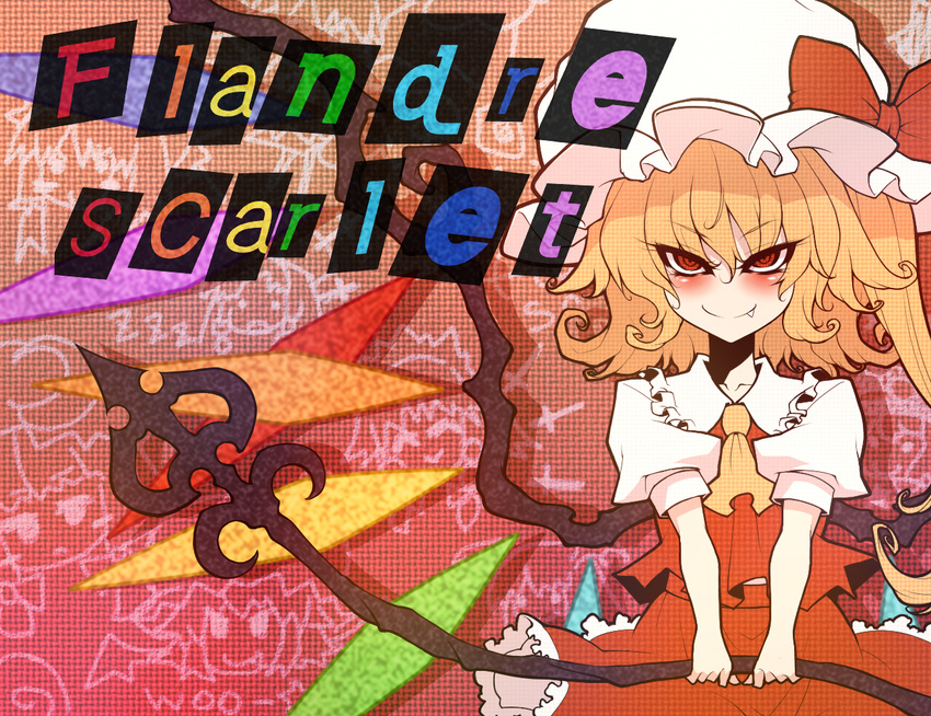 ascot bad_id bad_pixiv_id blonde_hair bow character_name collarbone crystal demekyon fang flandre_scarlet hat hat_bow laevatein puffy_sleeves rainbow_text red_eyes short_hair short_sleeves side_ponytail smile solo standing touhou weapon wings