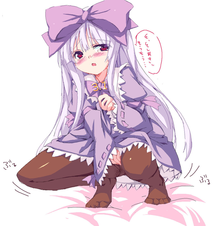 3.1-tan bangs blush bow brown_legwear clothed_masturbation dress full_body hair_bow imuraya_ayuka long_sleeves looking_at_viewer masturbation nose_blush on_bed open_mouth os-tan panties panties_under_pantyhose pantyhose purple_dress red_eyes simple_background solo squatting tears translation_request underwear white_background white_hair