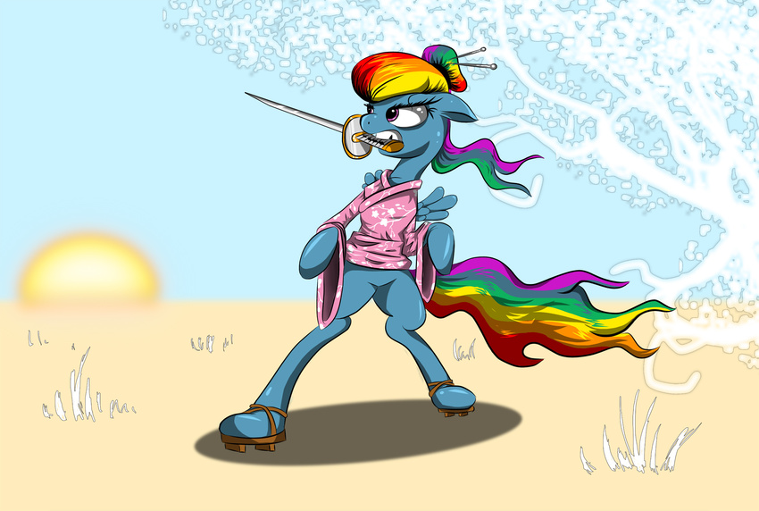 abstract_background clothed clothing equine female friendship_is_magic grass hair hereticofdune hi_res horse mammal multi-colored_hair my_little_pony pegasus pony purple_eyes rainbow_dash_(mlp) rainbow_hair samurai sandals solo sword tree weapon wings wood