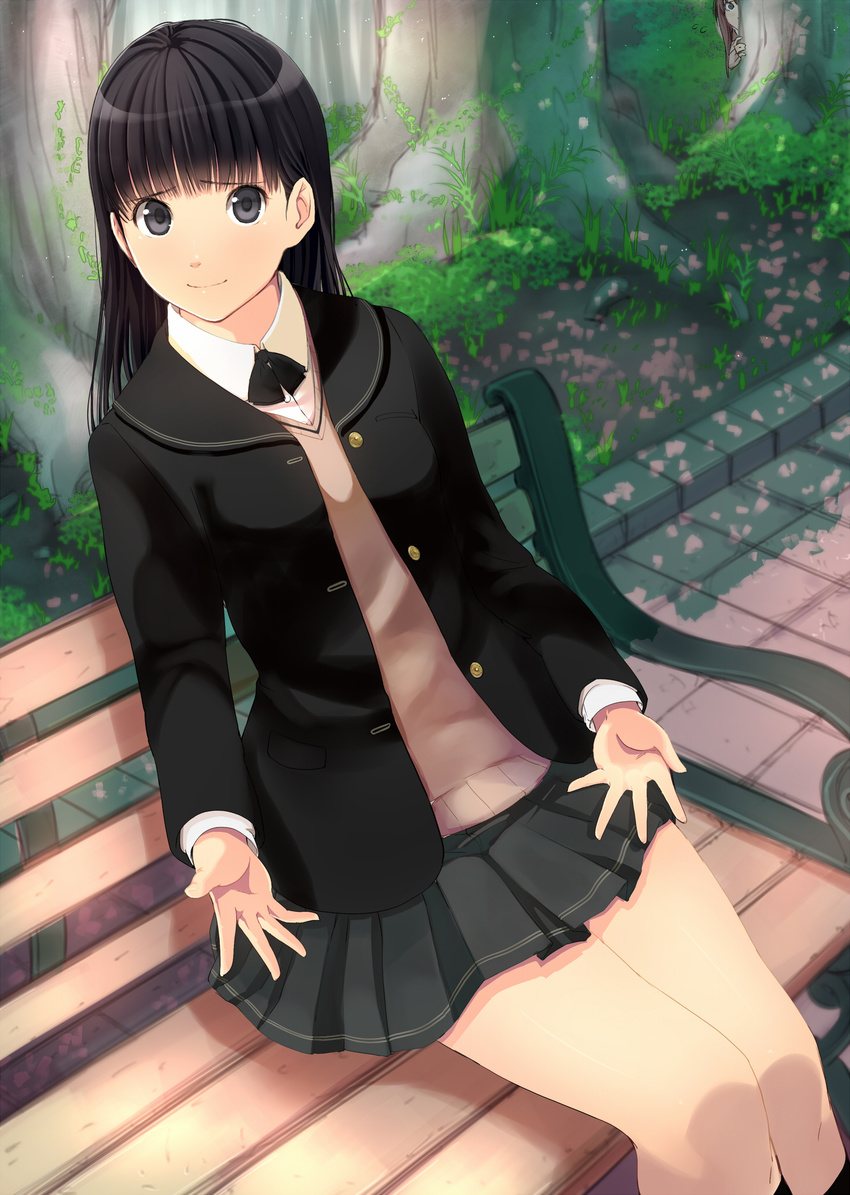 amagami ayatsuji_tsukasa bench black_eyes black_hair black_jacket blazer brown_hair flying_sweatdrops highres jacket kamizaki_risa kibito_high_school_uniform long_sleeves multiple_girls pleated_skirt santa_(sunflower) school_uniform sitting skirt smile tree when_you_see_it