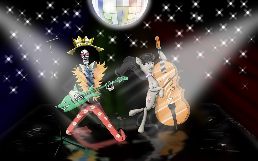 afro black_hair bone bow bow_(stringed_instrument) brook brook_(one_piece) cello clothed clothing cutie_mark detailed_background disco disco_ball equine eyewear female fish friendship_is_magic guitar hair hereticofdune horse lights male mammal marine microphone musical_instrument my_little_pony octavia_(mlp) one_piece open_mouth pants performing pink_eyes pony skeleton stage suit sunglasses undead