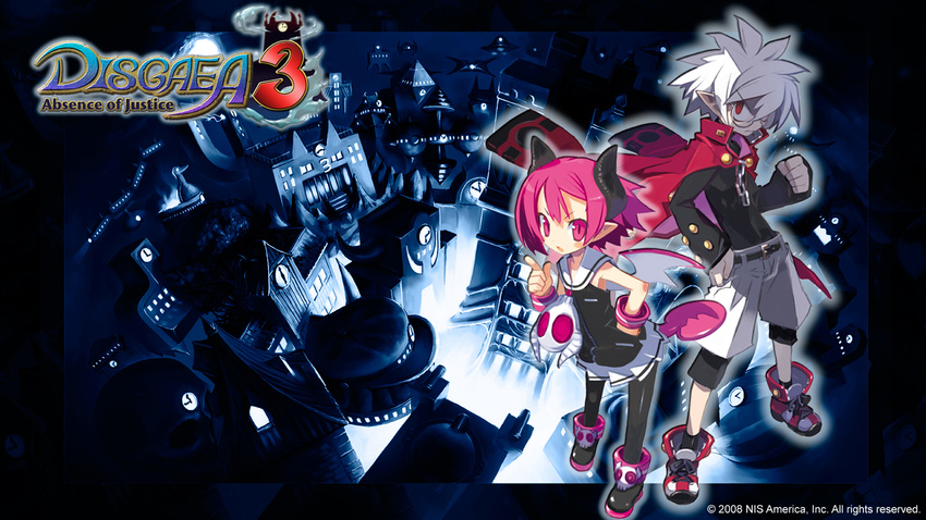 1girl bat_wings demon disgaea glasses harada_takehito highres horns jacket logo makai_senki_disgaea_3 mao_(disgaea) official_art pantyhose pink_eyes pink_hair pointy_ears raspberyl red_eyes round_eyewear sailor_collar school_uniform short_hair simple_background smile tail wallpaper white_hair white_sailor_collar wings