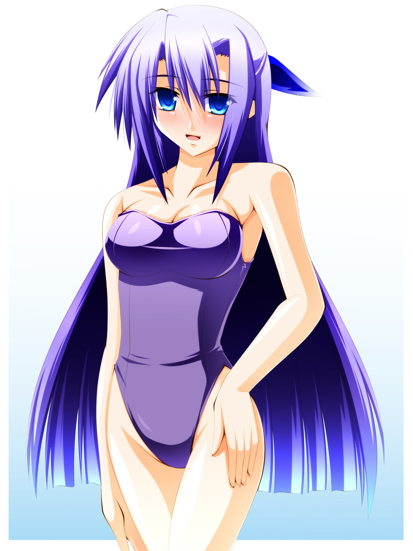 bare_shoulders blue_eyes blush engo_(aquawatery) ginga_nakajima hair_ribbon highres long_hair lyrical_nanoha mahou_shoujo_lyrical_nanoha_strikers one-piece_swimsuit purple_hair ribbon solo swimsuit