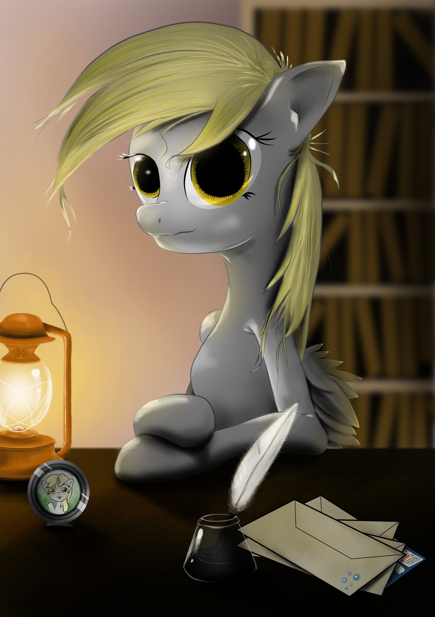 amber_eyes anthro anthrofied blonde_hair book bookshelf candle derpy_hooves_(mlp) detailed_background envelope equine feather female fire friendship_is_magic hair hereticofdune hi_res ink inkwell lantern letter looking_at_viewer mammal my_little_pony pegasus photo quill solo table wings