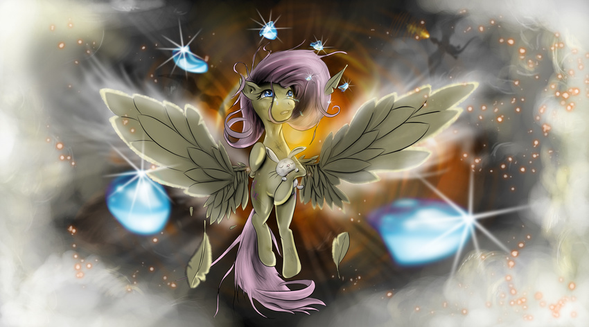 abstract_background angel_(mlp) blue_eyes crying cutie_mark dragon equine feather female feral fluttershy_(mlp) friendship_is_magic hair hereticofdune hi_res horse lagomorph mammal my_little_pony pegasus pink_hair pony rabbit silhouette smoke tears wings