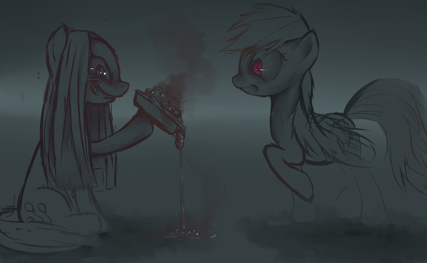 blood creepy cutie_mark dichrome equine female feral friendship_is_magic fruitbloodmilkashake gradient_background grey_theme greyscale grin guts horse insane mammal monochrome my_little_pony organs pegasus pie pink_eyes pinkamena_(mlp) pinkie_pie_(mlp) pony rainbow_dash_(mlp) scared simple_background sitting wings