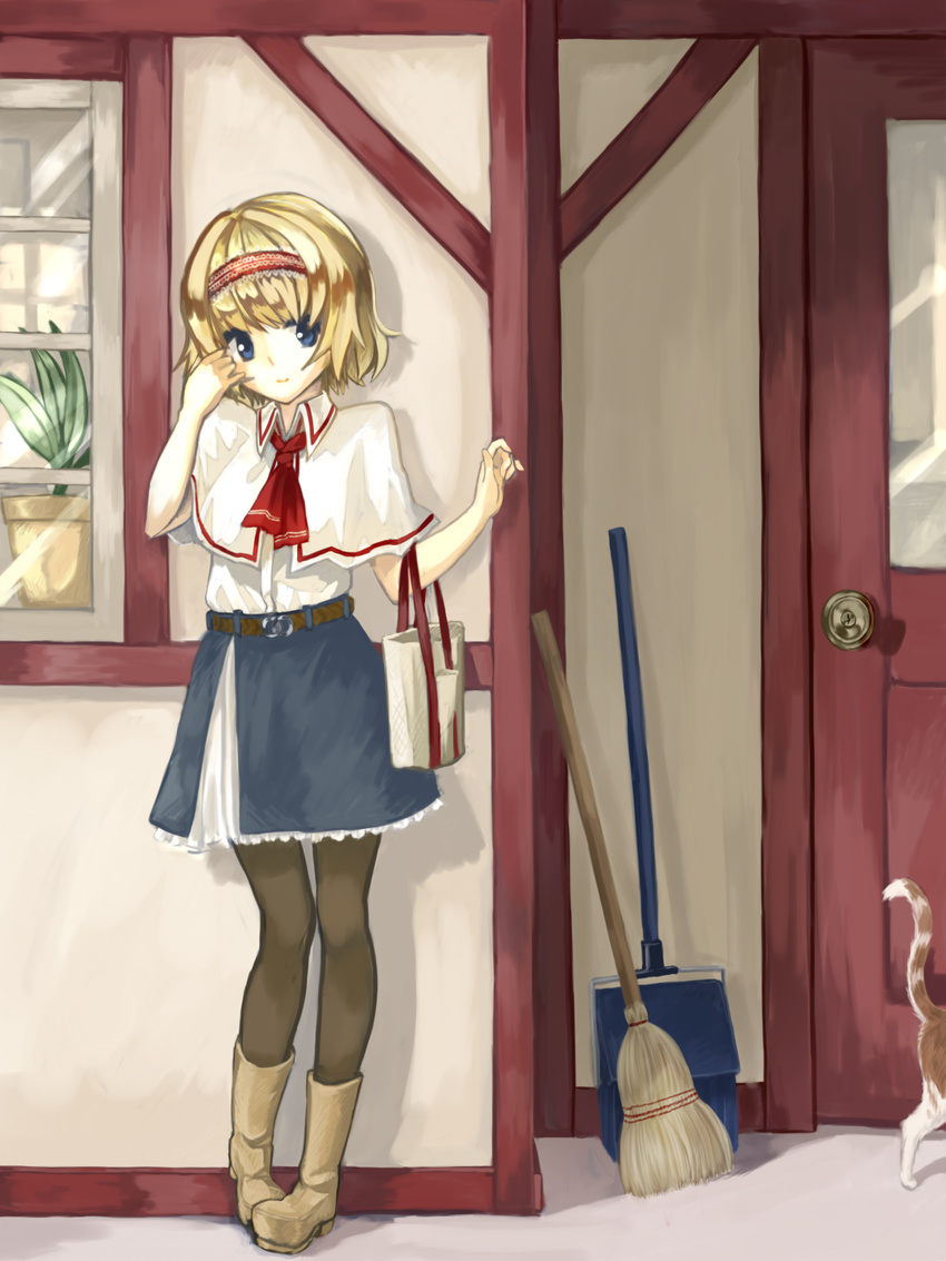 adapted_costume alice_margatroid ascot bag belt blonde_hair blue_eyes boots broom brown_legwear capelet cat contemporary door doorknob dustpan hairband hand_on_own_face highres indoors light_smile lispict looking_at_viewer pantyhose plant potted_plant shopping_bag short_hair short_sleeves skirt solo touhou window