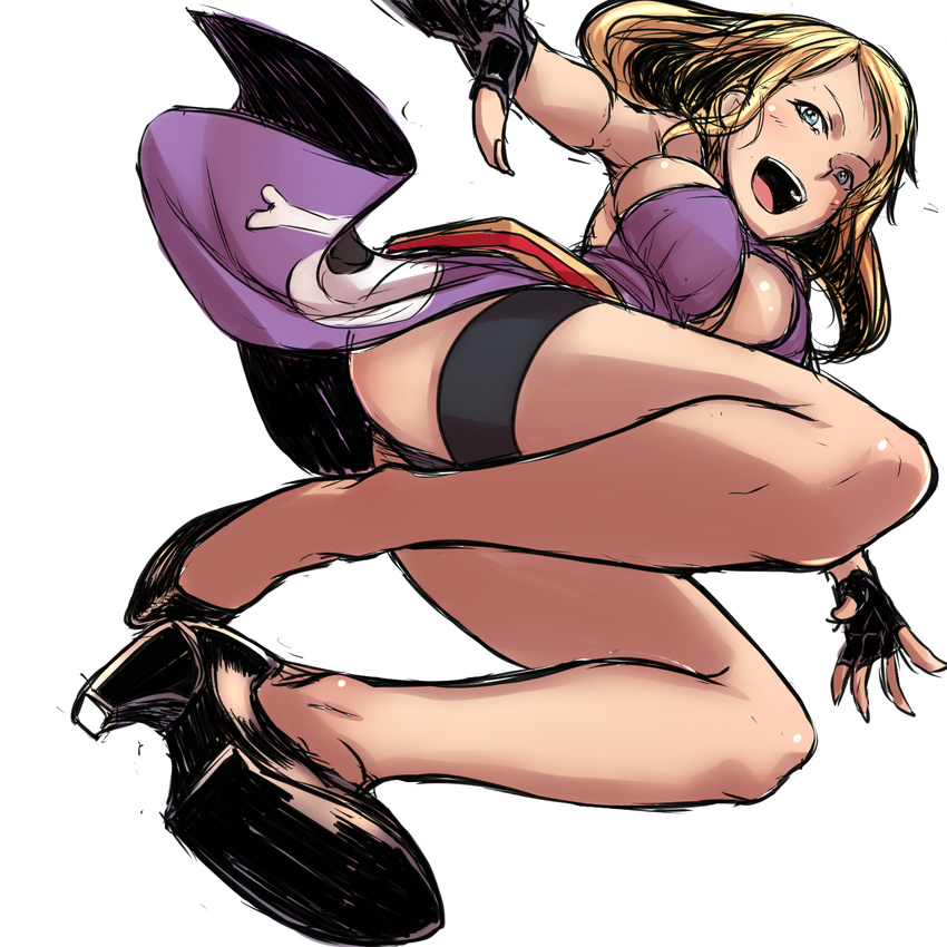 bakuya blonde_hair bonne_jenet fatal_fury fingerless_gloves gloves high_heels highres legs long_hair mark_of_the_wolves open_mouth panties shoes snk solo underwear white_background