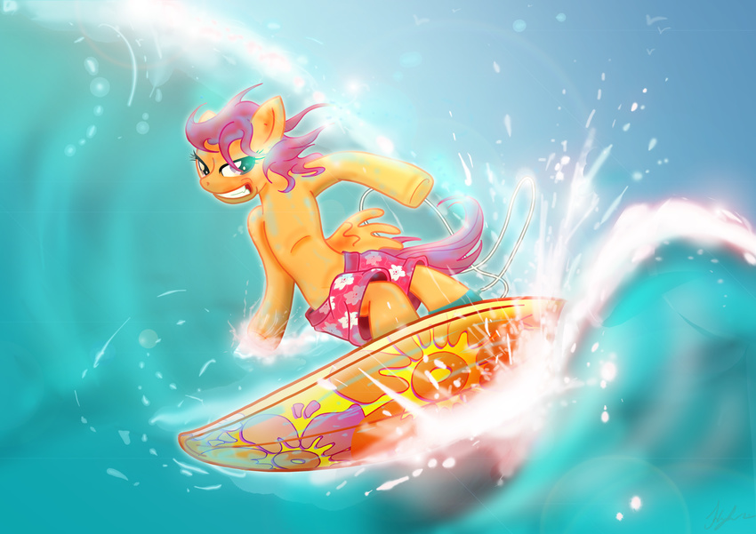 absurd_res clenched_teeth clothing equine female friendship_is_magic fur hair hi_res horse lens_flare looking_at_viewer mammal my_little_pony orange_fur pegasus pony purple_eyes purple_hair scootaloo_(mlp) shorts simple_background solo surfboard surfing swimsuit teeth toonlancer water wave wings