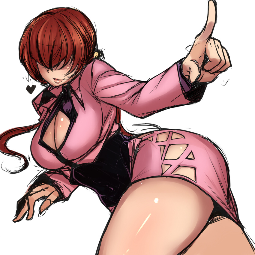 ass bakuya breasts brown_hair cleavage cleavage_cutout dress finger_wagging hair_over_eyes heart highres large_breasts lips miniskirt ponytail shermie sketch skirt solo the_king_of_fighters thighs white_background