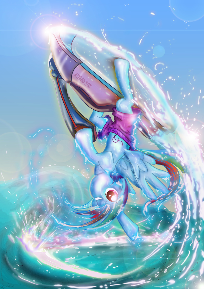 absurd_res blue_fur clothing detailed_background equine female friendship_is_magic fur hair hi_res horse jet_ski jetski mammal multi-colored_hair my_little_pony pegasus pink_eyes pony rainbow_dash_(mlp) rainbow_hair sea shorts smile solo swimsuit toonlancer upside_down water wave wings