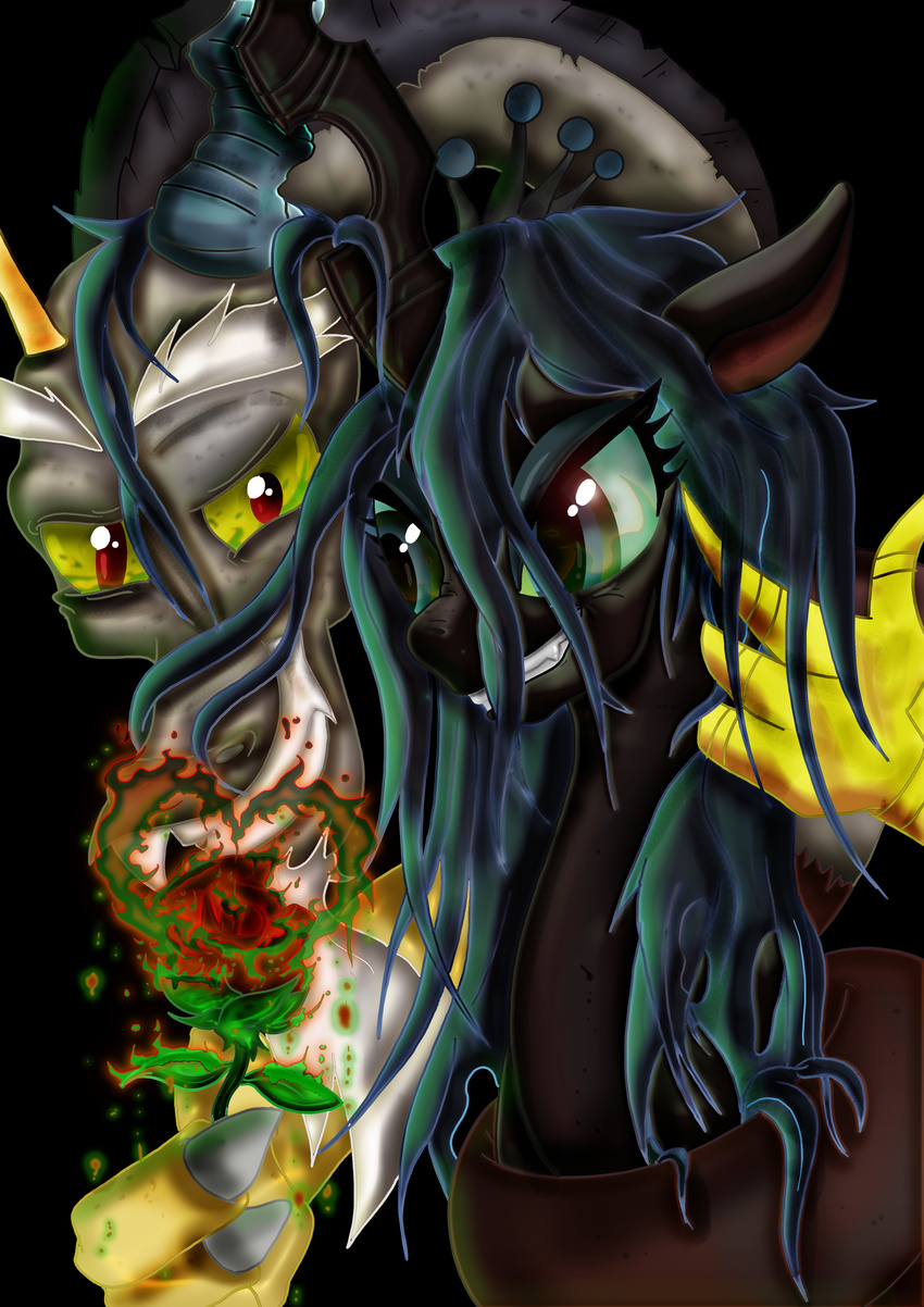 absurd_res black_fur blue_hair changeling claws discord_(mlp) draconequus equine female feral flower friendship_is_magic fur green_eyes green_hair grin hair hi_res horn horse magic male mammal multi-colored_hair my_little_pony pony queen_chrysalis_(mlp) red_eyes rose simple_background teeth toonlancer yellow_eyes
