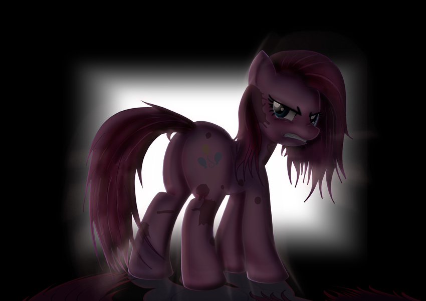 absurd_res angry black_background blood blue_eyes clenched_teeth cutie_mark equine female feral friendship_is_magic fur gradient_background hair hi_res horse looking_at_viewer mammal my_little_pony pink_fur pink_hair pinkamena_(mlp) pinkie_pie_(mlp) plain_background pony reflection simple_background solo teeth toonlancer white_background