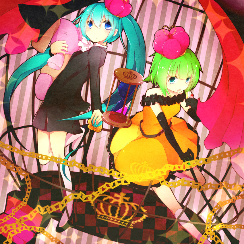 absurdres aqua_eyes aqua_hair cake chain dress elbow_gloves food gloves green_eyes green_hair gumi hatsune_miku highres hourglass idolla_(vocaloid) kankitsurui kneehighs long_hair multiple_girls short_hair skirt twintails very_long_hair vocaloid