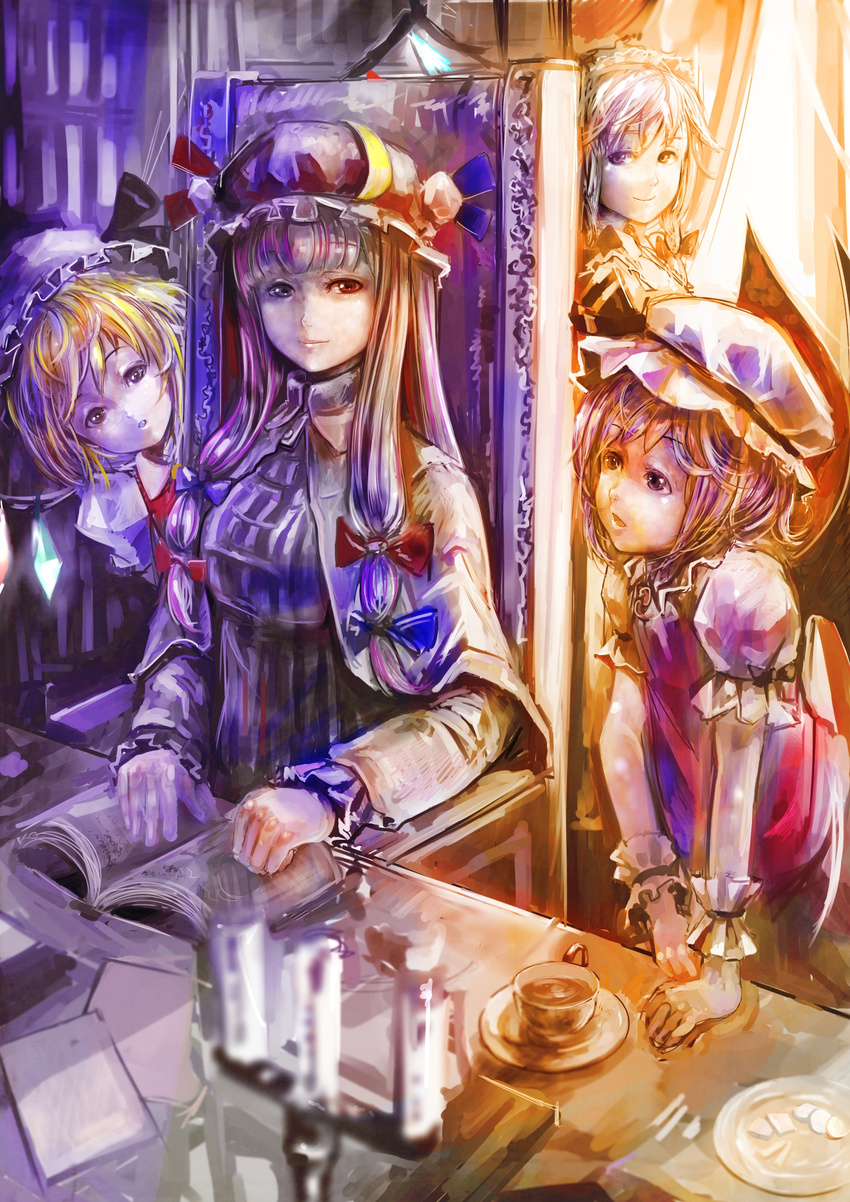 ascot bat_wings blonde_hair book bow candle chair cup flandre_scarlet hair_bow hat highres izayoi_sakuya koruse maid maid_headdress multiple_girls patchouli_knowledge purple_hair red_eyes remilia_scarlet short_hair side_ponytail sidelocks silver_hair sitting sunlight table teacup touhou window wings