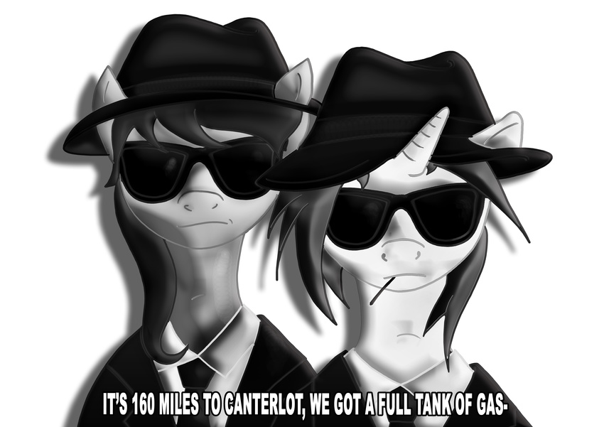 absurd_res blues_brothers english_text equine eyewear female friendship_is_magic greyscale hair hat hi_res horn horse mammal monochrome multi-colored_hair my_little_pony octavia_(mlp) plain_background pony simple_background suit sunglasses text toonlancer toothpick two_color_hair two_tone_hair unicorn vinyl_scratch_(mlp) white_background