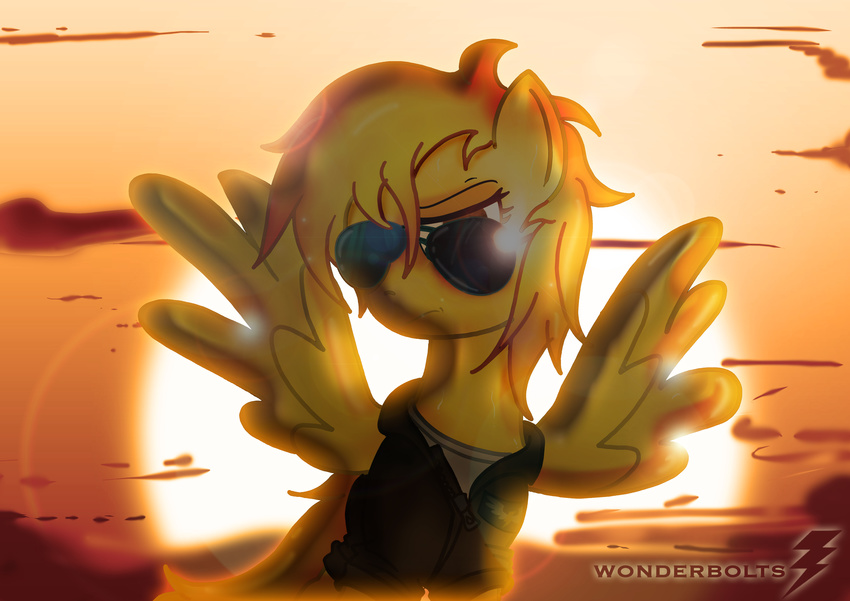 absurd_res amber_eyes clothed clothing cloud clouds equine eyewear female feral friendship_is_magic frown fur hair hi_res horse jacket mammal my_little_pony orange_hair pegasus pony shirt simple_background solo spitfire_(mlp) sun sunglasses sunset the_wonderbolts toonlancer wings wonderbolts_(mlp) yellow_fur