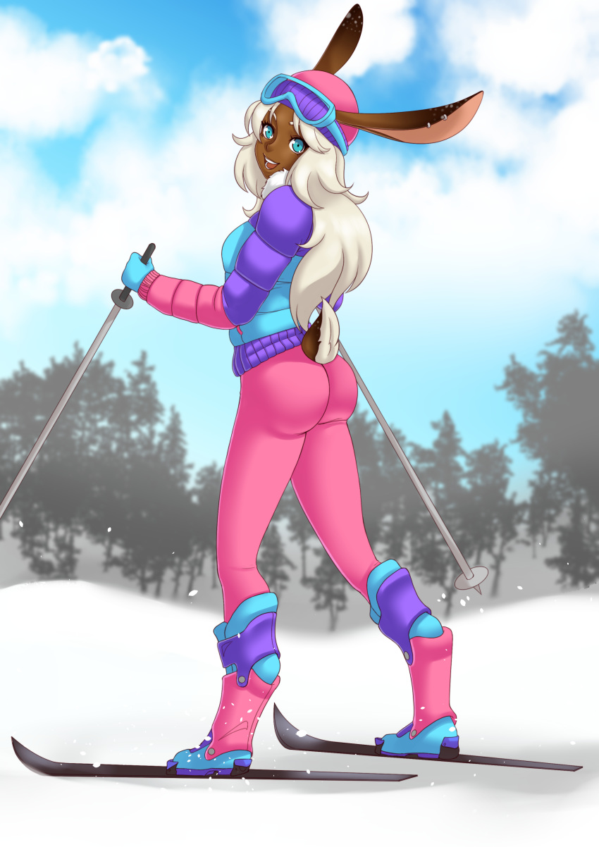 2018 animal_humanoid blue_eyes breasts clothed clothing dark_skin digitigrade ear_piercing eyewear female fluffy fluffy_tail goggles hair holding_object humanoid ione_raevon lagomorph looking_at_viewer mammal open_mouth outside piercing rabbit_humanoid rabbit_tail ski ski_pole smile snow solo starayo white_hair yasosume