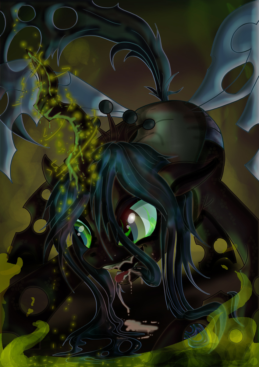 absurd_res black_fur changeling drooling equine female feral friendship_is_magic fur green_eyes green_hair hair hi_res horn horse magic my_little_pony pony queen_chrysalis_(mlp) saliva simple_background solo tongue toonlancer wings