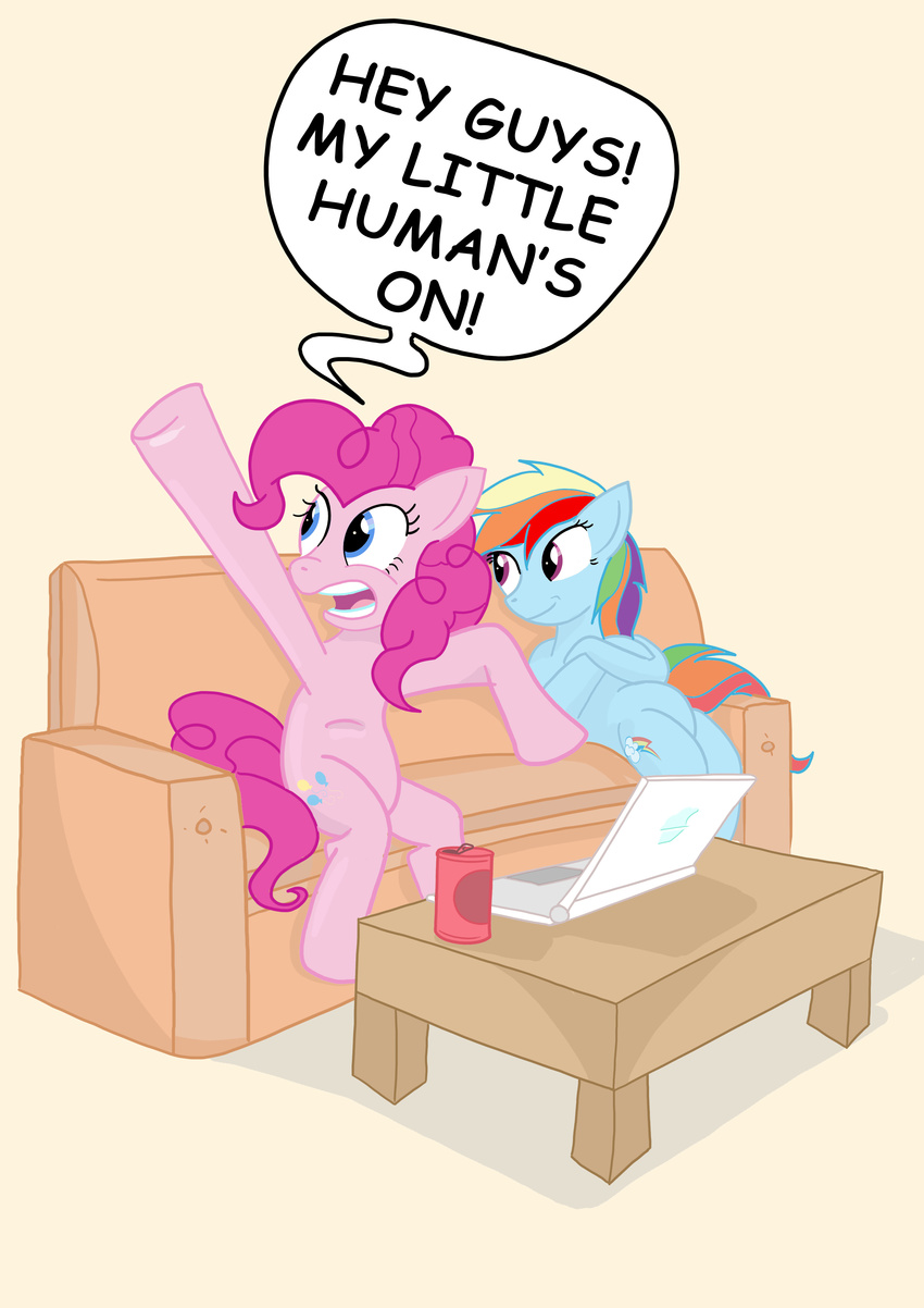 absurd_res blue_eyes blue_fur brown_background can computer crossed_arms cutie_mark english_text equine female feral friendship_is_magic fur hair hi_res horse humor laptop mammal multi-colored_hair my_little_pony pink_fur pink_hair pinkie_pie_(mlp) plain_background pony purple_eyes rainbow_dash_(mlp) rainbow_hair simple_background sitting sofa table text toonlancer