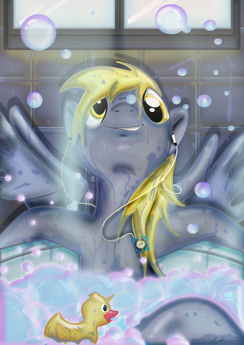 absurd_res amber_eyes avian blonde_hair bubble bubbles derpy_hooves_(mlp) duck equine female friendship_is_magic fur grey_fur hair headphones hi_res horse ipod mammal my_little_pony pegasus pony rubber_duck simple_background solo tile toonlancer water window wings