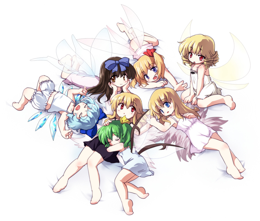 ass asyura7 blonde_hair bloomers blue_hair blush bottomless bow brown_hair child cirno closed_eyes collarbone curly_hair daiyousei dual_persona fairy fairy_wings fang green_hair hair_bow hair_ribbon highres kneeling lily_black lily_white long_hair luna_child multiple_girls open_mouth red_eyes ribbon short_hair side_ponytail sleeping sleeveless smile star_sapphire sunny_milk touhou twintails underwear underwear_only wings yellow_eyes yousei_daisensou
