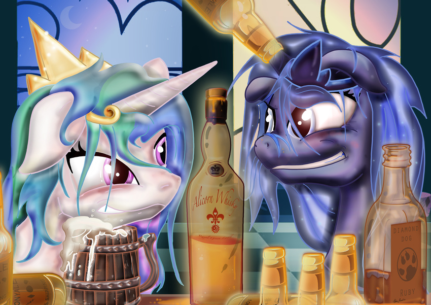 absurd_res alcohol beverage blue_eyes blue_hair bottles crown cup detailed_background drink drunk english_text equine eye_contact female foam friendship_is_magic fur grin hair hi_res horn horse mammal mug multi-colored_hair my_little_pony pink_eyes pony princess princess_celestia_(mlp) princess_luna_(mlp) purple_fur royalty teeth text tiara toonlancer white_fur winged_unicorn wings