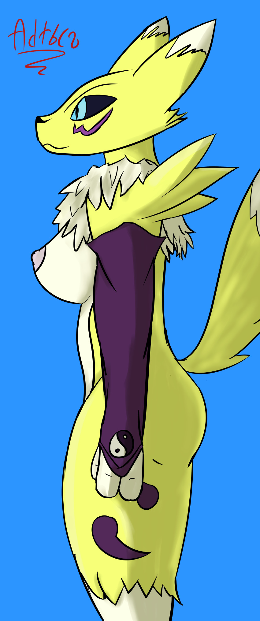 absurd_res anthro asdruballe black_sclera blue_eyes breasts canine digimon female hi_res mammal nipples renamon side_view solo