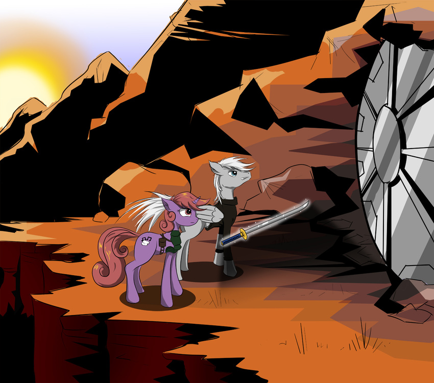 blue_eyes clothing cloudy_melody cutie_mark door equine fallout female feral friendship_is_magic fur grey_fur hair hereticofdune horn horse magic male mammal mountain musical_note my_little_pony original_character pegasus pink_eyes pony purple_fur red_hair shirt silver_cloud simple_background sun sunset sword unicorn weapon white_hair wings