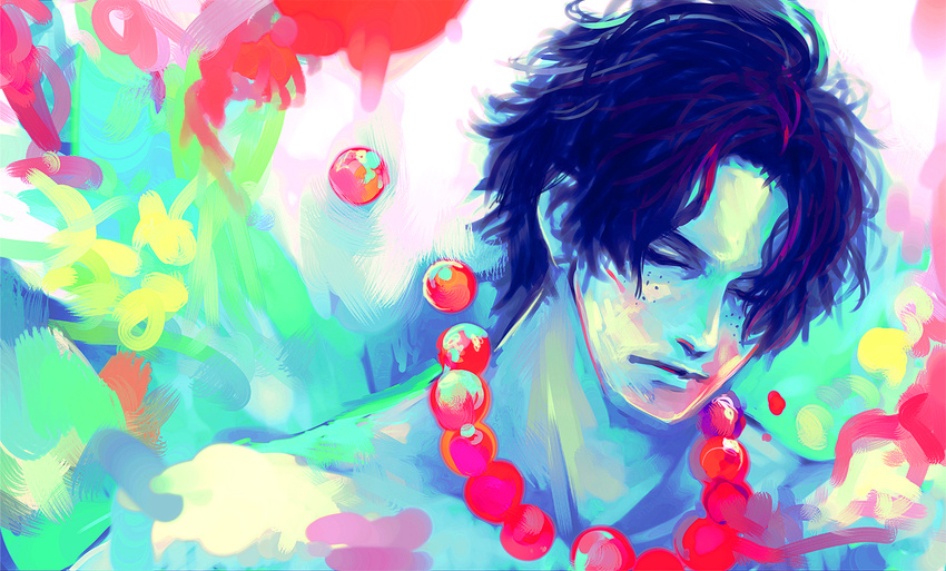 bad_id bad_pixiv_id black_hair closed_eyes faux_traditional_media freckles jewelry looking_down male_focus necklace one_piece portgas_d_ace shirtless solo tsuyomaru