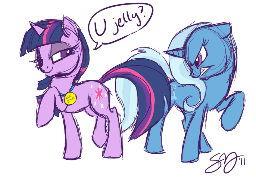 angry cutie_mark english_text equine famosity female feral friendship_is_magic hair horn horse mammal medal multi-colored_hair my_little_pony plain_background pony sketch smug text transparent_background trixie_(mlp) twilight_sparkle_(mlp) unicorn