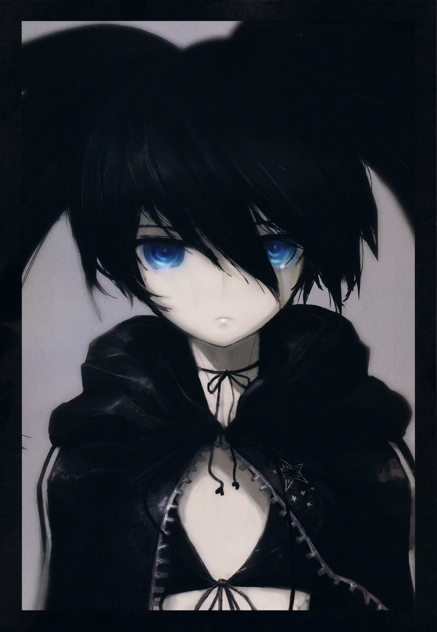 bikini_top black_hair black_rock_shooter black_rock_shooter_(character) blue_eyes close-up hair_between_eyes highres huke solo twintails windowboxed