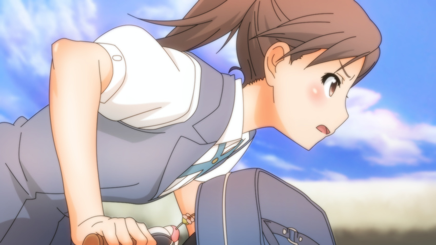 1girl bag bicycle blurry blush brown_eyes brown_hair cloud day depth_of_field ground_vehicle leaning_forward open_mouth ponytail profile sakai_wakana school_bag school_uniform sky solo tari_tari