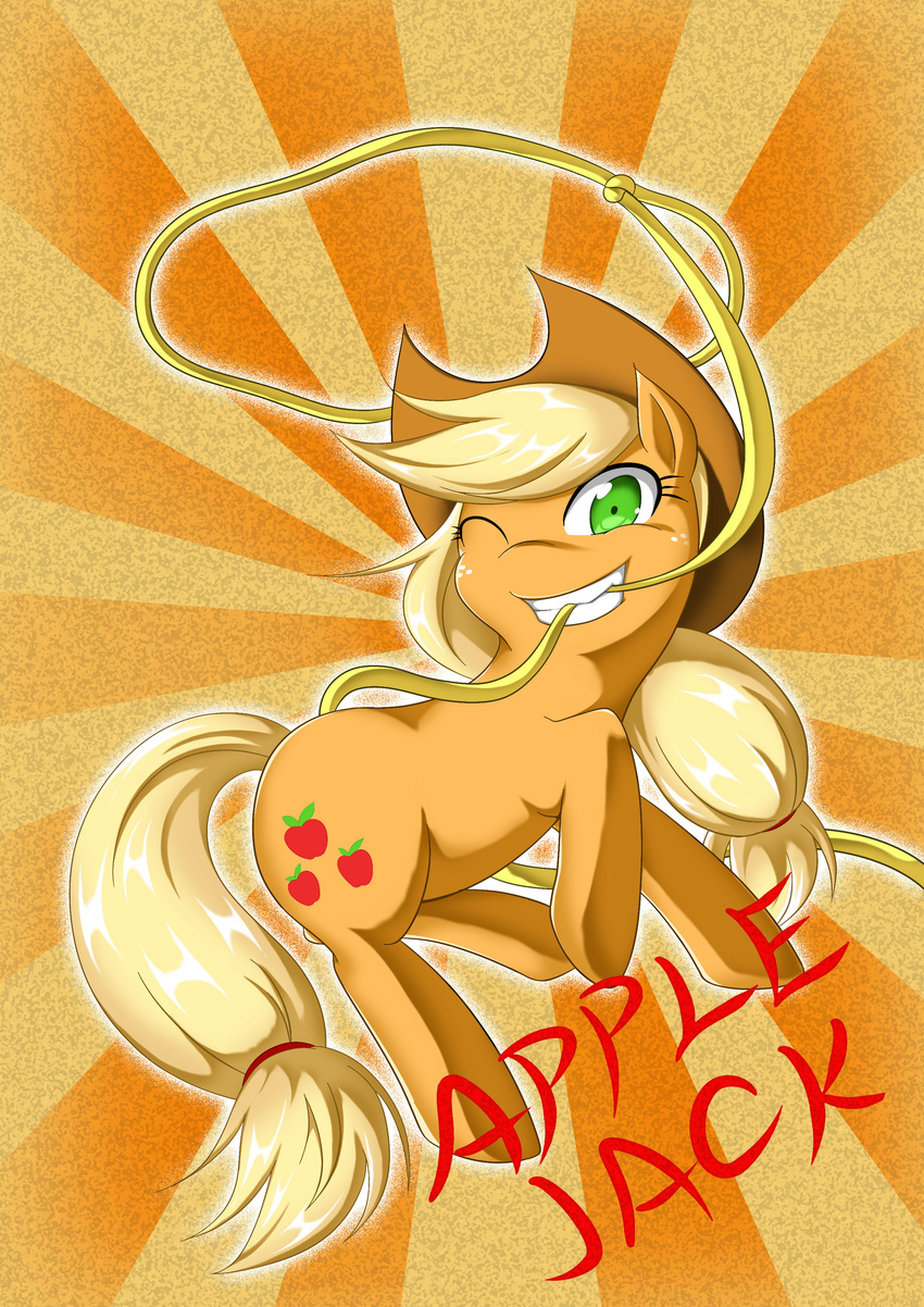 applejack_(mlp) blonde_hair brown_fur cowboy_hat cutie_mark equine female feral friendship_is_magic fur green_eyes hair hat hi_res horse invalid_background lasso looking_at_viewer mammal my_little_pony one_eye_closed pattern pony rope simple_background smile solo teeth wink zaiyaki