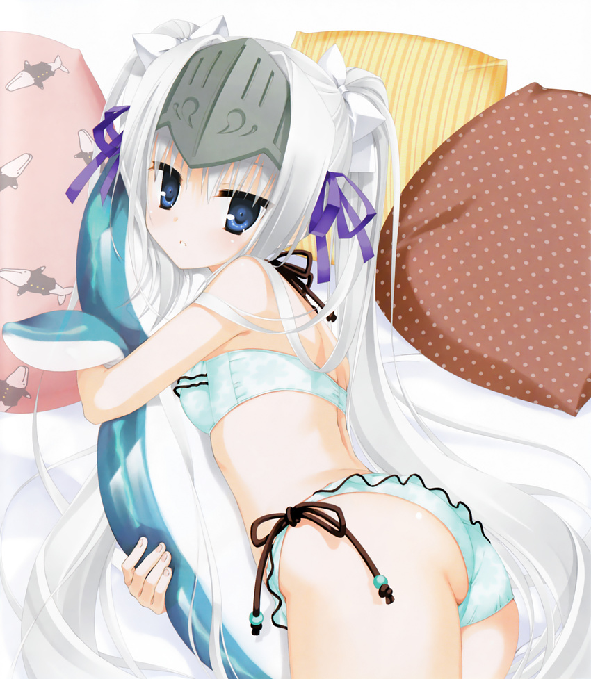 absurdres alternate_hairstyle armor ass back bandeau bangs bare_shoulders bed_sheet bikini blue_eyes blush bow breasts cowboy_shot eucliwood_hellscythe forehead_protector frilled_bikini frills green_bikini hair_bow hair_ribbon highres hug indoors inflatable_dolphin inflatable_toy kore_wa_zombie_desu_ka? long_hair looking_at_viewer looking_back lying muririn object_hug official_art on_stomach parted_lips pillow polka_dot ribbon scan side-tie_bikini small_breasts solo striped swimsuit twintails very_long_hair white_hair