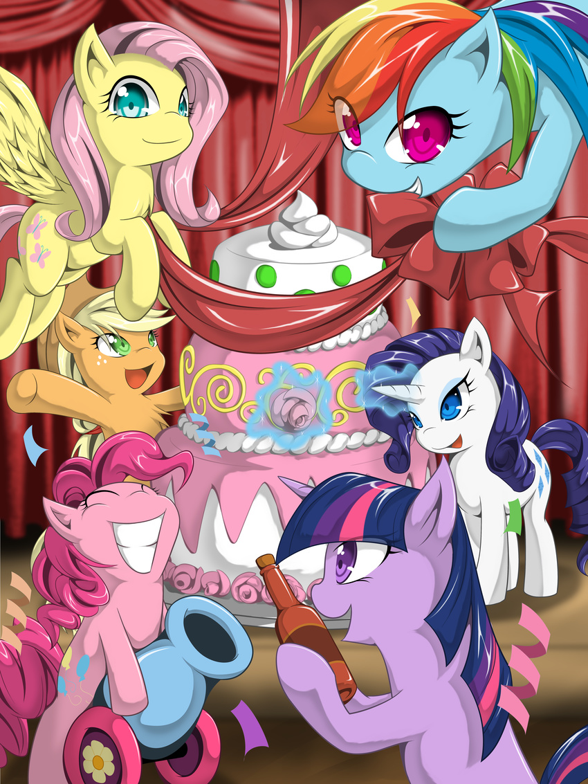 absurd_res applejack_(mlp) banner blonde_hair blue_eyes blue_fur bottle cake cannon cutie_mark detailed_background equine eyes_closed female feral fluttershy_(mlp) food friendship_is_magic fur green_eyes grin group hair hat hi_res horn horse looking_at_viewer magic mammal multi-colored_hair my_little_pony open_mouth orange_fur party_cannon pegasus pink_fur pink_hair pinkie_pie_(mlp) pony purple_eyes purple_fur purple_hair rainbow_dash_(mlp) rainbow_hair rarity_(mlp) ribbons smile twilight_sparkle_(mlp) two_color_hair two_tone_hair unicorn white_fur wings yellow_fur zaiyaki