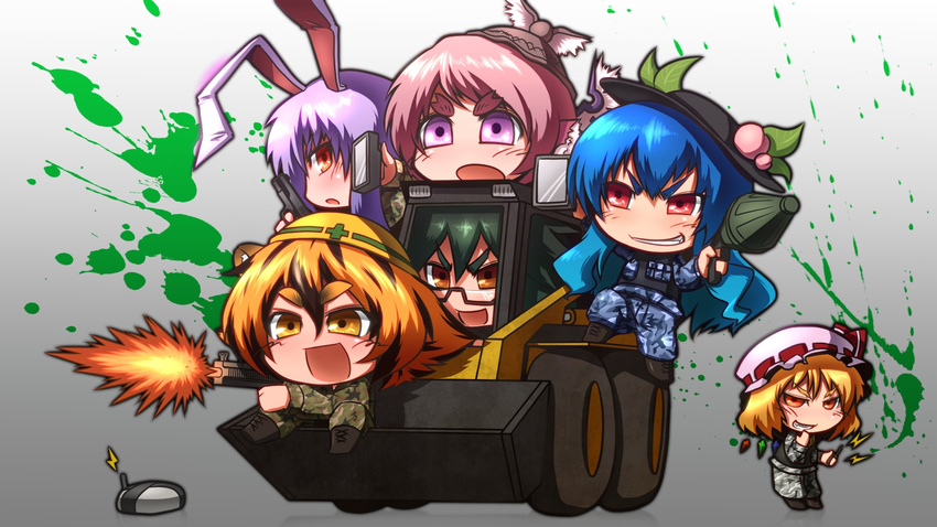 alternate_costume alternate_eye_color animal_ears assault_rifle battlefield_(series) battlefield_3 bird_wings blonde_hair blue_hair brown_hair bunny_ears c4 camouflage controller crystal eyebrows flandre_scarlet food fruit glasses green_hair grin gun handgun hat hat_ribbon helmet highres hinanawi_tenshi leaf long_hair long_sleeves military military_uniform mirror multicolored_hair multiple_girls mystia_lorelei open_mouth orange_eyes paint_splatter peach pink_hair purple_hair red_eyes reisen_udongein_inaba reiuji_utsuho remote_control ribbon rifle rocket_launcher rpg rpg-7 short_hair side_mirror skid_loader smile sneer tiger_ears tora_(trampjing) toramaru_shou touhou two-tone_hair uniform weapon wings yellow_eyes