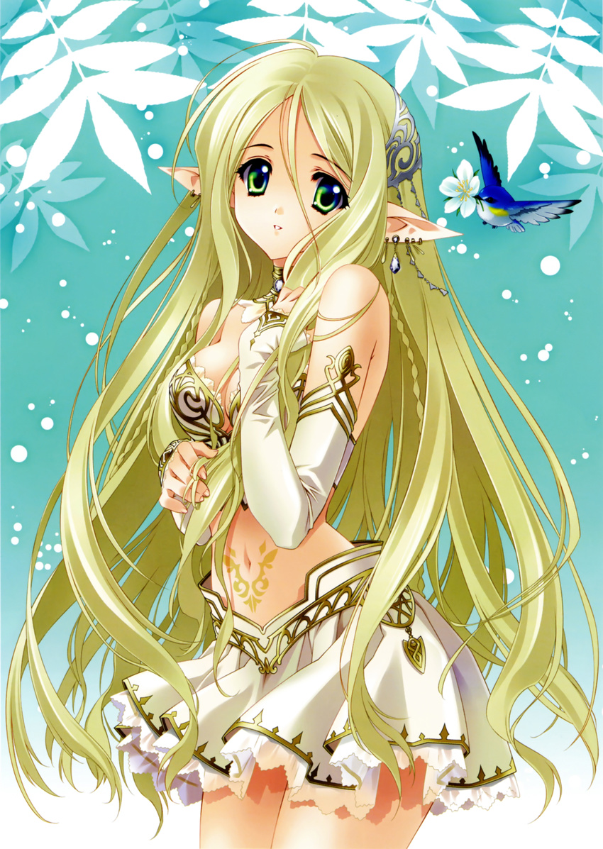 absurdres aquarian_age bare_shoulders bird blonde_hair breasts carnelian cleavage detached_collar detached_sleeves earrings elf flower green_eyes hand_on_own_chest highres jewelry long_hair looking_at_viewer medium_breasts midriff navel parted_lips pointy_ears scan skirt solo tattoo