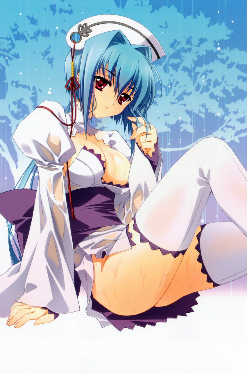 absurdres blue_hair breasts carnelian censored chouun cleavage cleavage_cutout convenient_censoring hair_intakes hat highres japanese_clothes kimono koihime_musou long_hair medium_breasts no_panties obi ponytail puffy_sleeves red_eyes sash scan see-through short_kimono sitting solo thighhighs wet wet_clothes white_legwear wide_sleeves