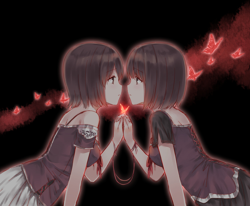 amakura_mayu amakura_mio bad_id bad_pixiv_id brown_eyes brown_hair bug butterfly fatal_frame fatal_frame_2 highres hiten_(hitenkei) holding_hands insect interlocked_fingers multiple_girls short_hair siblings sisters skirt string twins