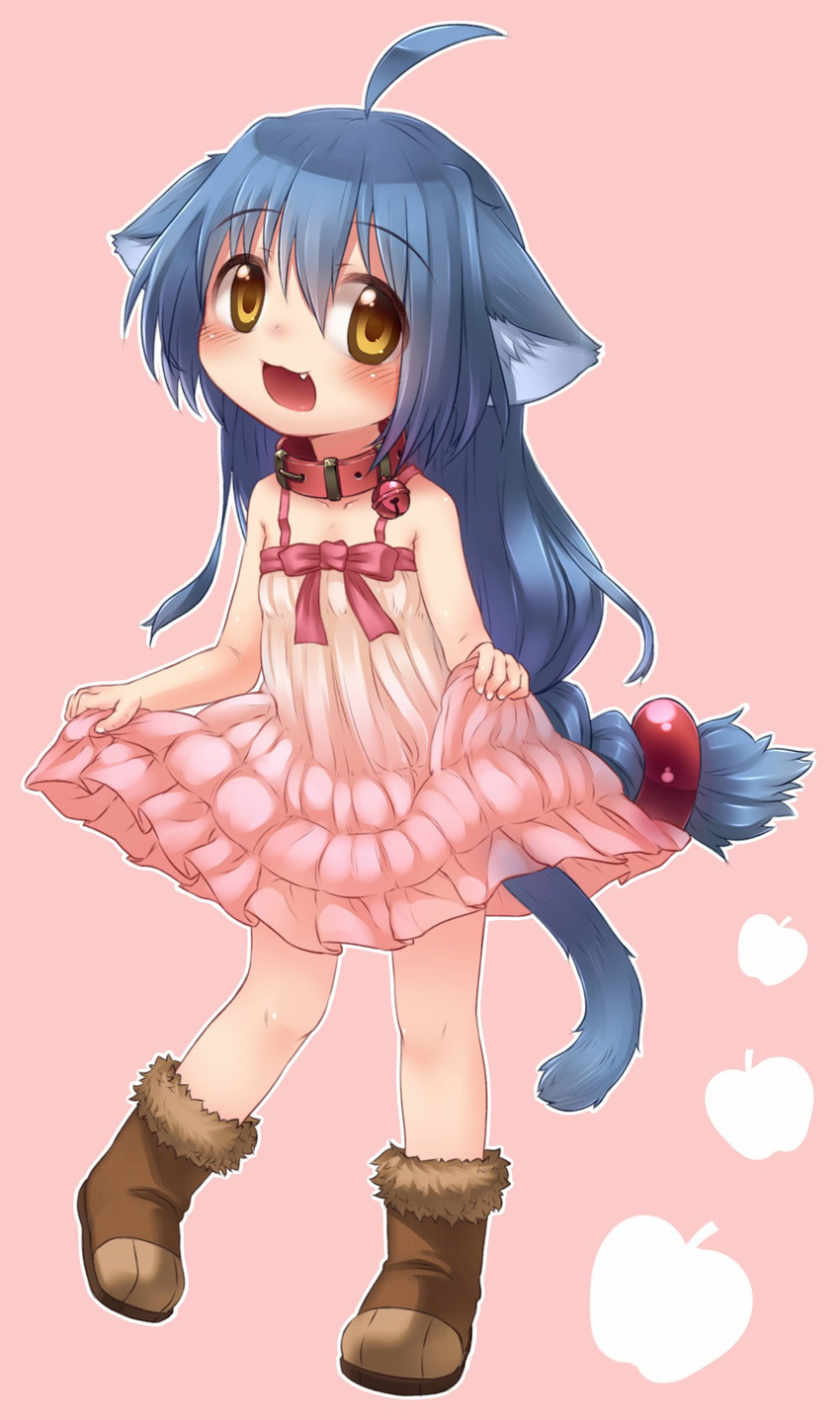 ahoge animal_ears bell bell_collar blue_hair blush boots brown_eyes cat_ears character_request collar copyright_request dress fang highres long_hair open_mouth smile solo tail ueno_musashi