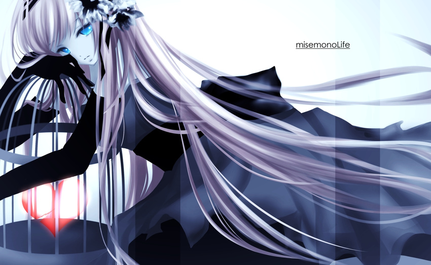aonoe bangs birdcage black_gloves black_legwear blue_eyes cage closed_mouth dress elbow_gloves flower from_side gloves glowing glowing_heart grey_dress hair_flower hair_ornament heart long_hair looking_at_viewer megurine_luka misemono_life_(vocaloid) object_hug pale_skin pantyhose pink_hair sash sitting solo song_name transparent very_long_hair vocaloid white_background