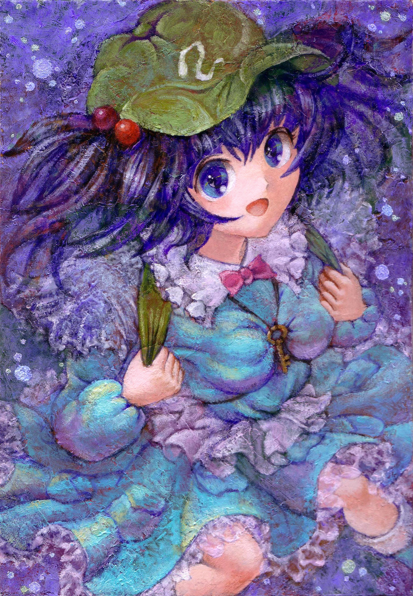 blue_background blue_eyes blue_hair boots bow breasts capelet hair_bobbles hair_ornament hat highres kawashiro_nitori key looking_at_viewer medium_breasts oil_painting_(medium) open_mouth pocket skirt solo strap syuraime_0 touhou two_side_up vest