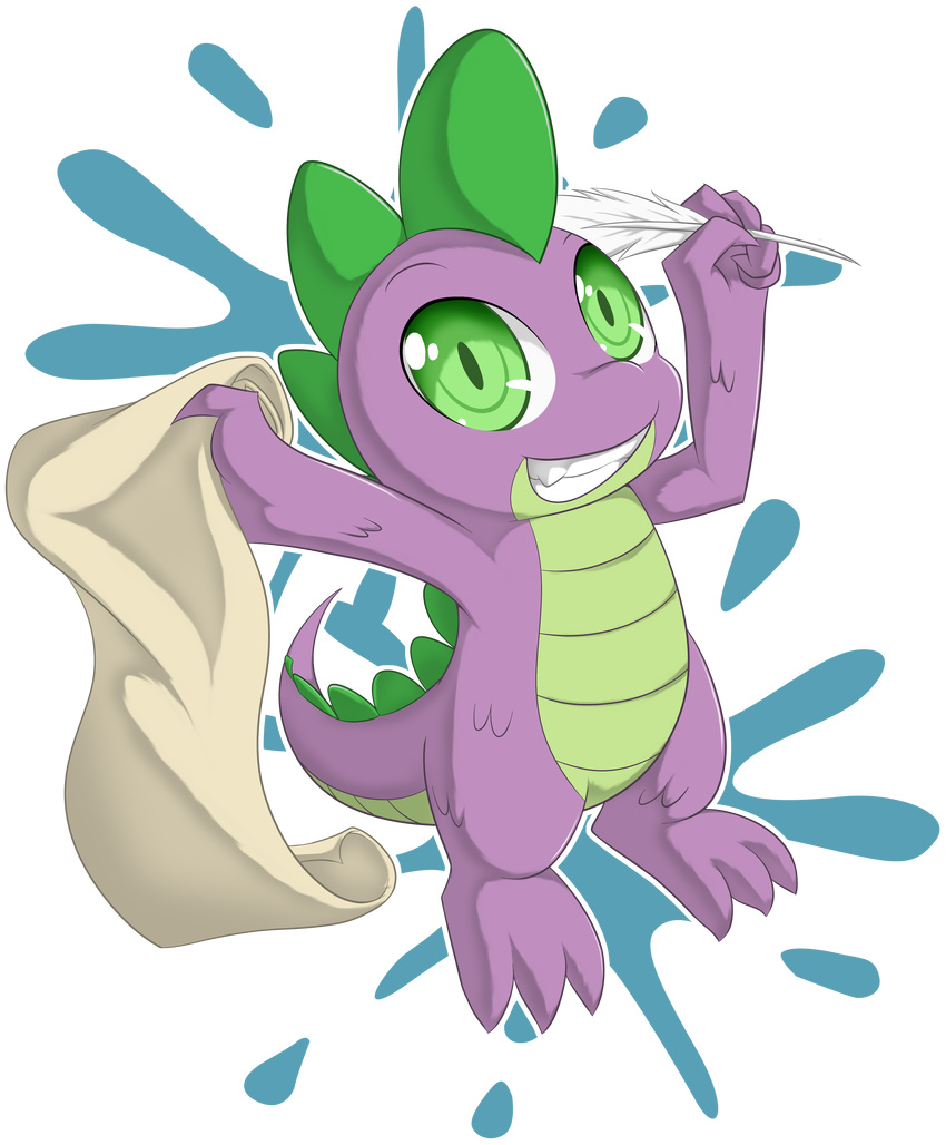 absurd_res alpha_channel dragon feather friendship_is_magic green_eyes hi_res looking_at_viewer male my_little_pony paper plain_background purple_scales quill scalie scroll simple_background solo spike_(mlp) transparent_background zaiyaki